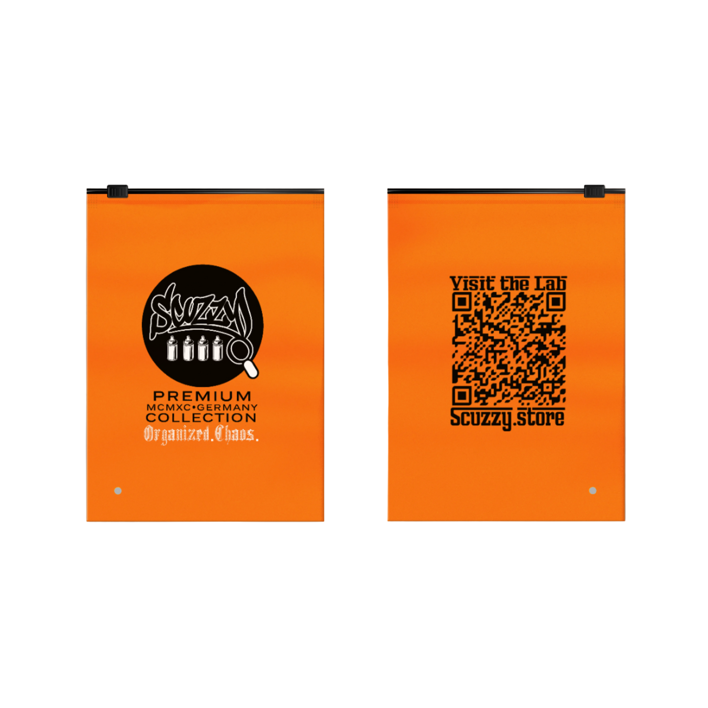 Two orange bags with black text and graphics on a white background