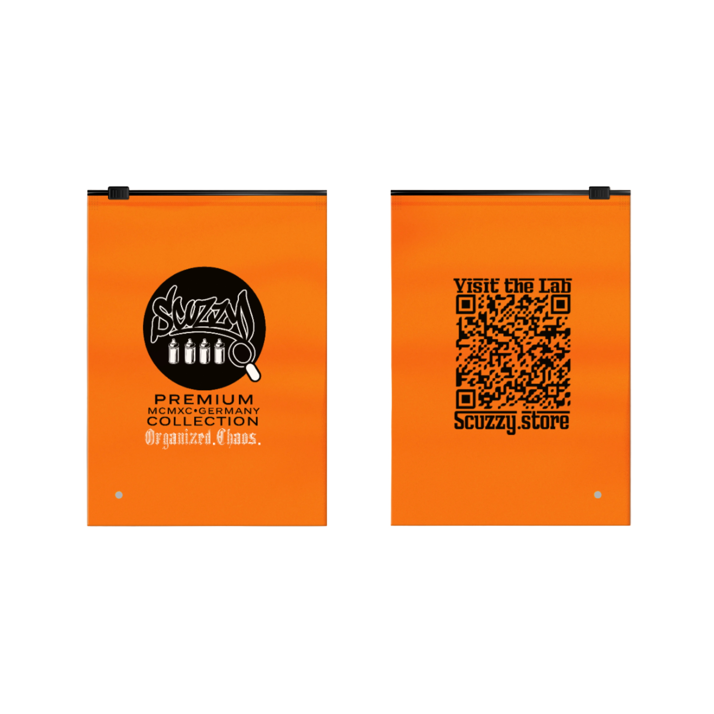 Two orange bags with black text and graphics on a white background