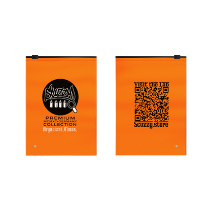 Two orange bags with black text and graphics on a white background